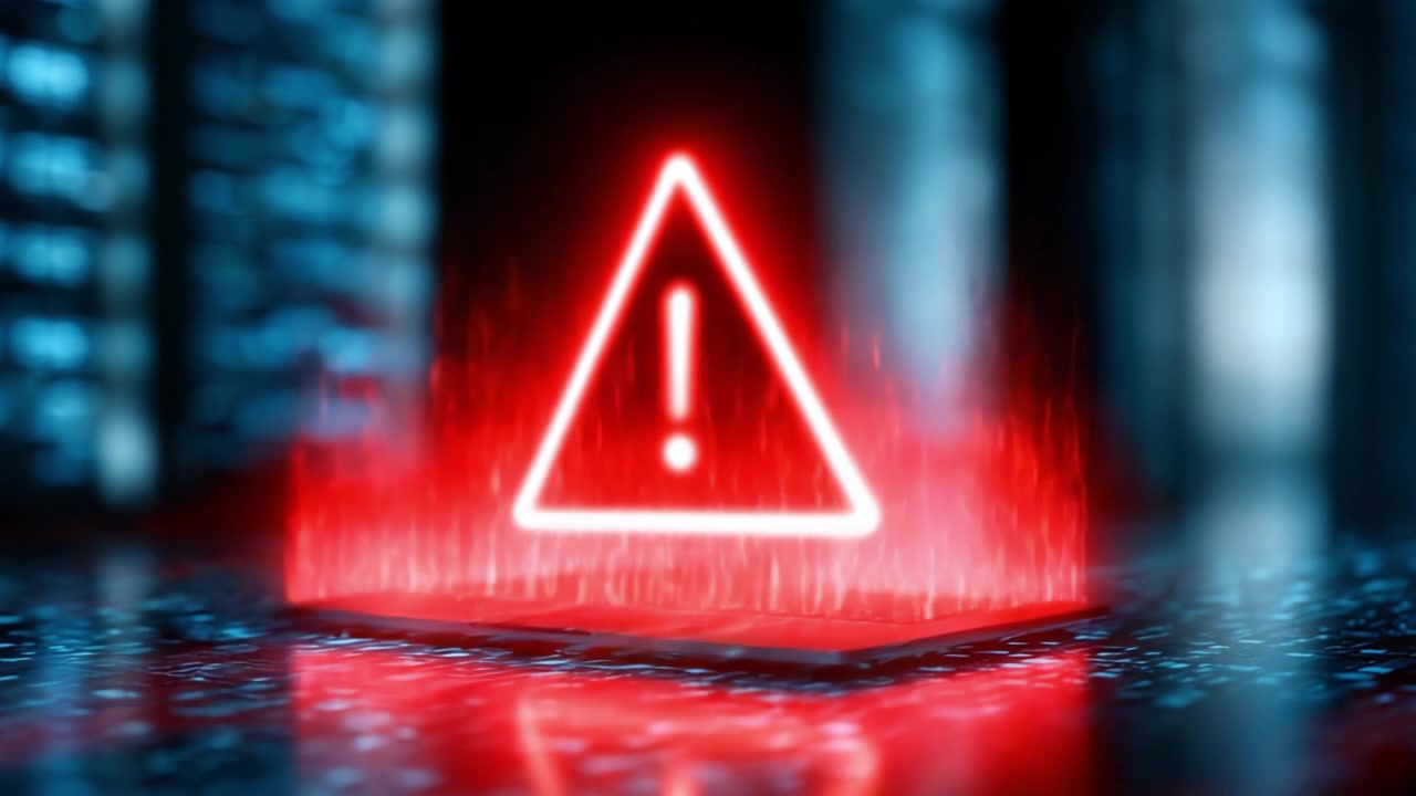 A Glowing Red Warning Sign Illuminates a Digital Environment, Signifying Danger or Alert in a High-Tech Setting, Capturing Attention with Vibrant Effects