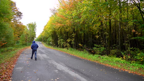 Hombre-Caminando-En-Una-Pequeña-Carretera-Rodeada-De-Arce-Otoño-Hoja-De-Arce