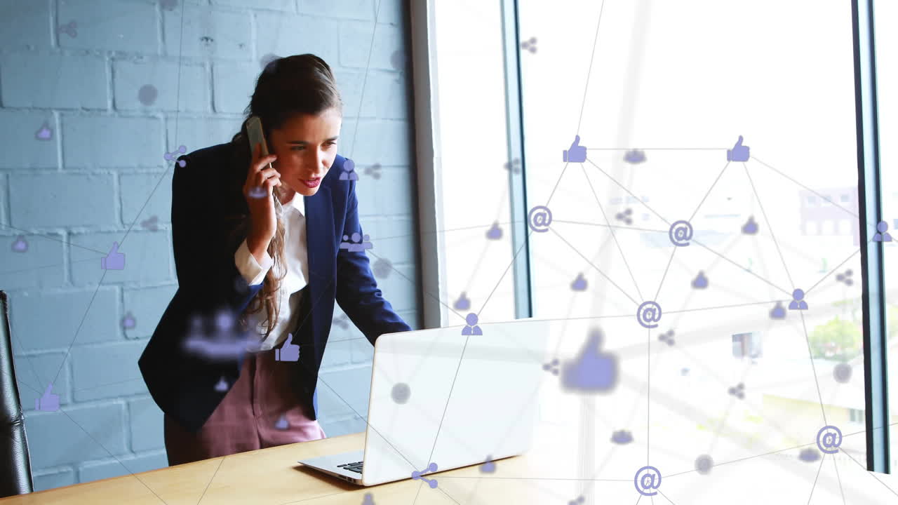 Animation of globe of network of connections over caucasian businesswoman using smartphone