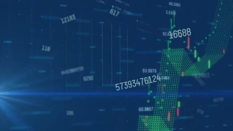 Animation-of-changing-numbers,-light-spot-and-financial-data-processing-against-blue-background