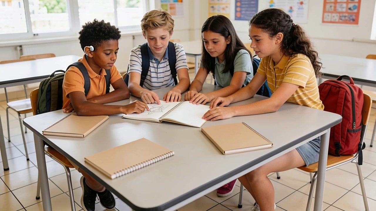 Inviting open book guiding four kids tracing pages in classroom, one wearing hearing device