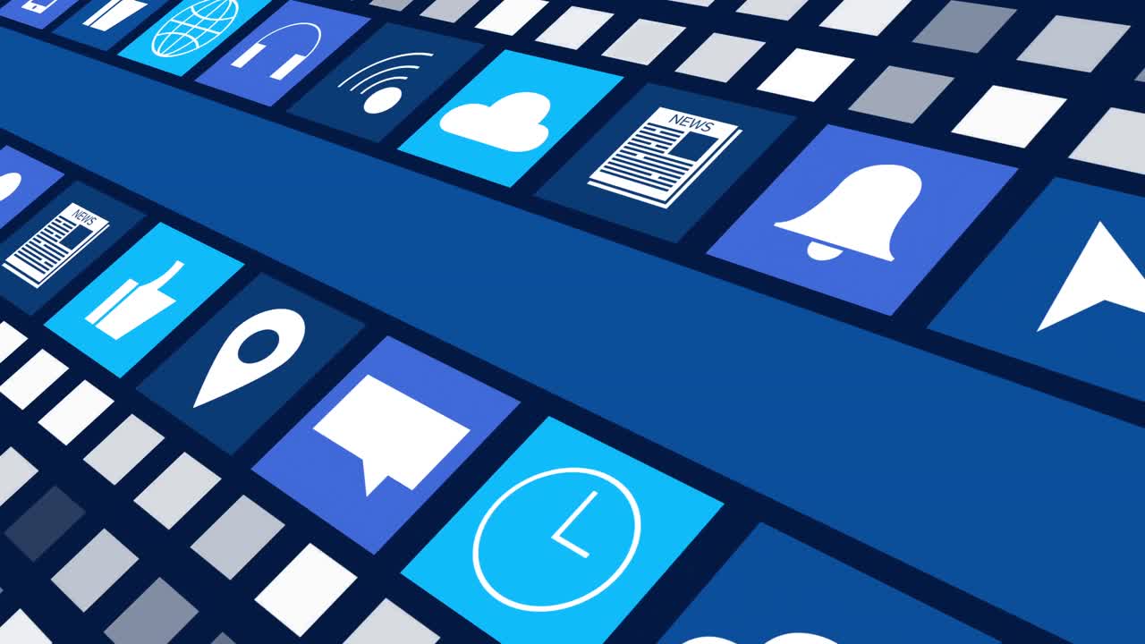 animación de iconos digitales en línea y rayas azules que se mueven sobre un fondo azul oscuro