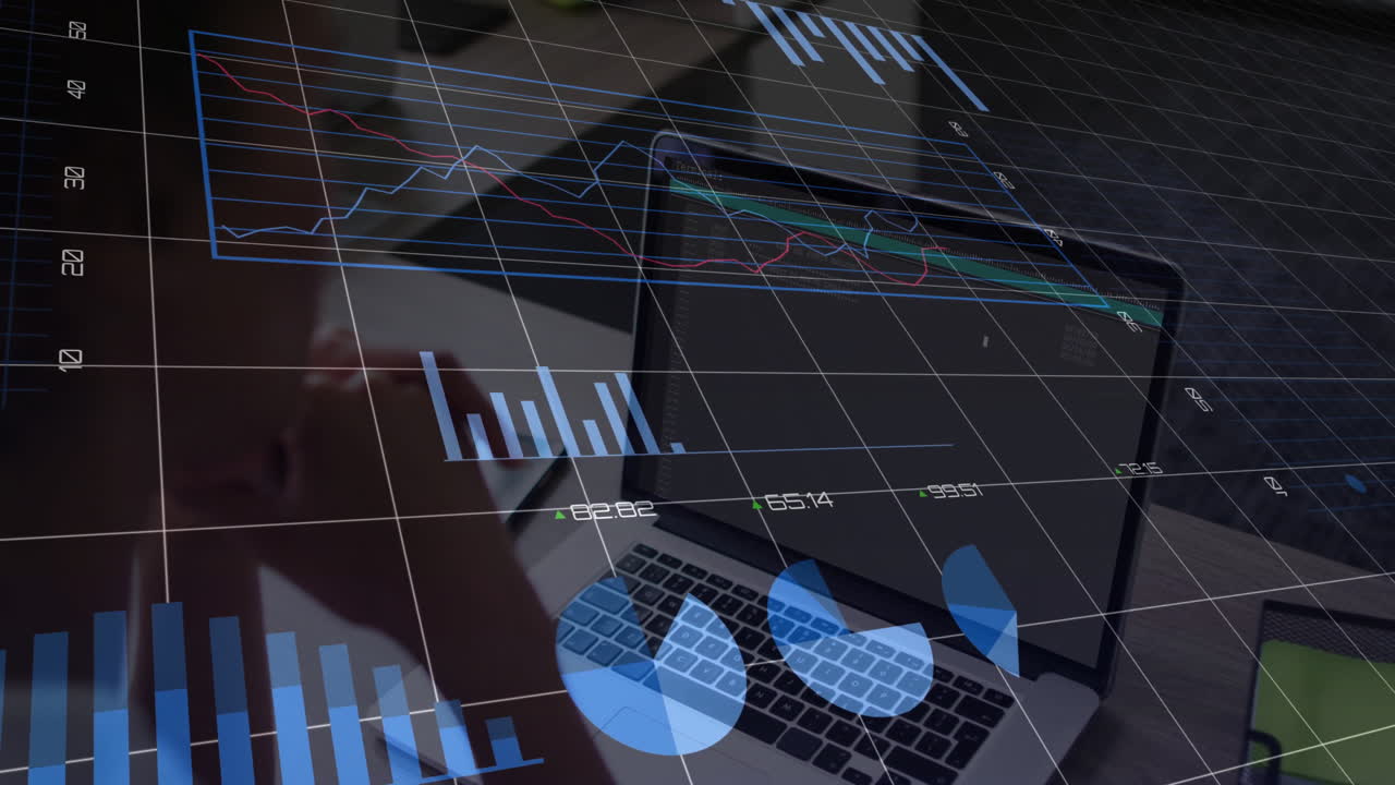 Financial graphs and data analysis animation over person working on laptop