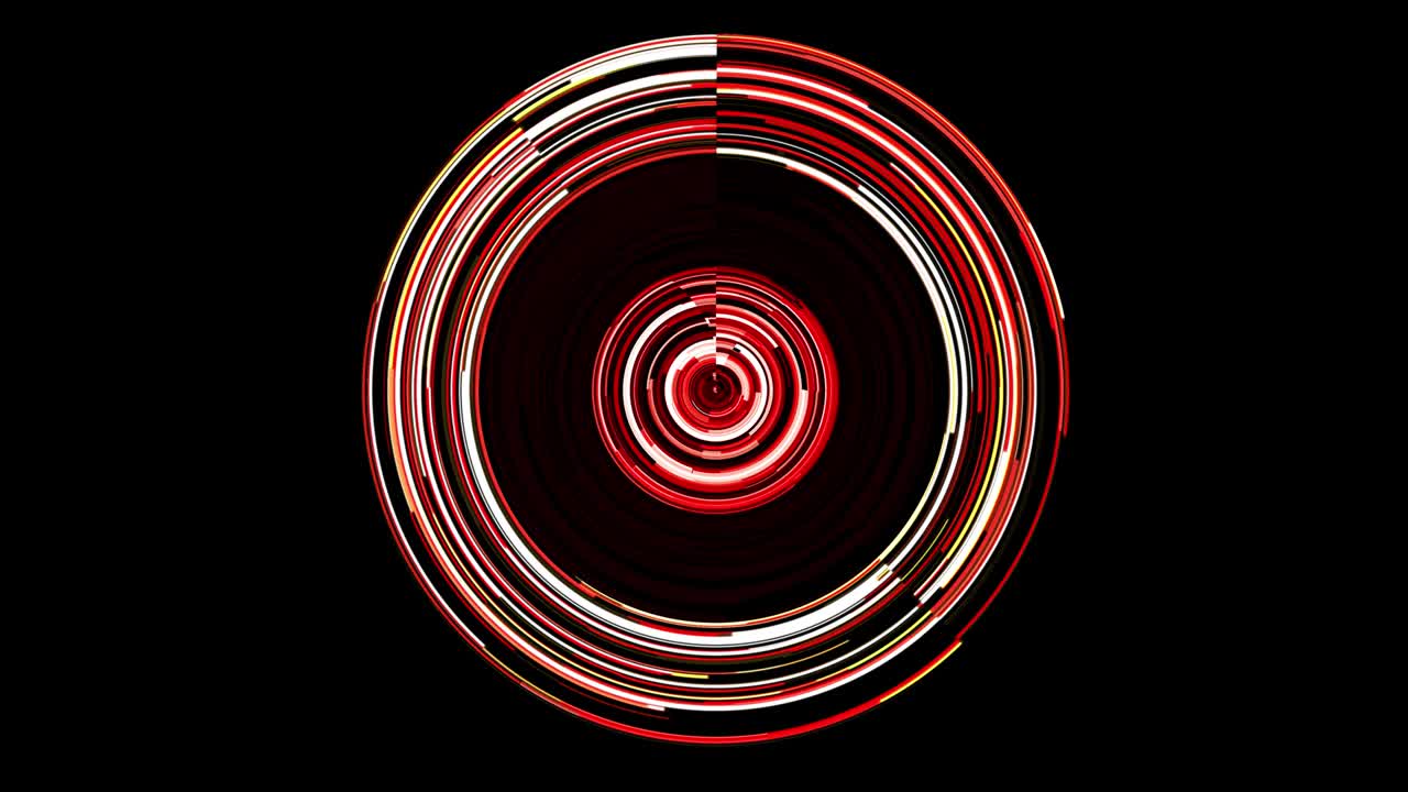 추상적인 원활한 루프, 글리치 라인, 반이는 원, 배경 4k, 빨간색, 다채로운 배경.