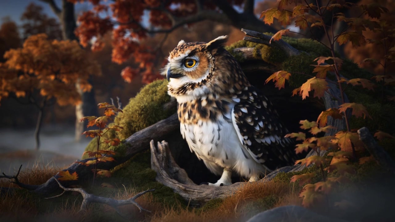 Aangelokt door warm licht, een gevlekte uil die uit een bemoste holte tevoorschijn komt op een herfstachtige open plek, met mist