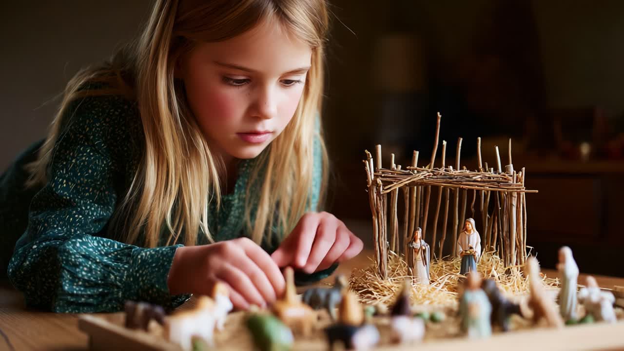 Bambino piccolo intento a creare un presepe dettagliato con statuine attorno a una stalla, mettendo in mostra creatività e immaginazione attraverso un'esplorazione giocosa