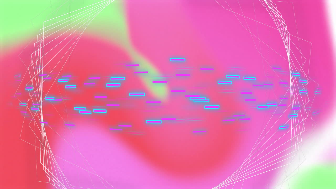 Animação de fluxo de dados azul e rosa sobre estrutura de rede 3D em fundo rosa suave e verde