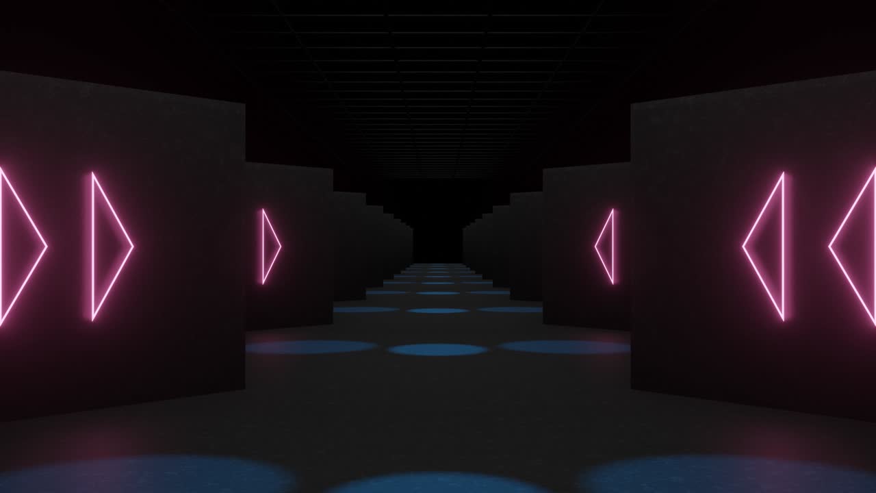 escenario oscuro con señales de flecha de neón en las paredes. túnel de bucle sin costuras abstracto con elementos brillantes de neón