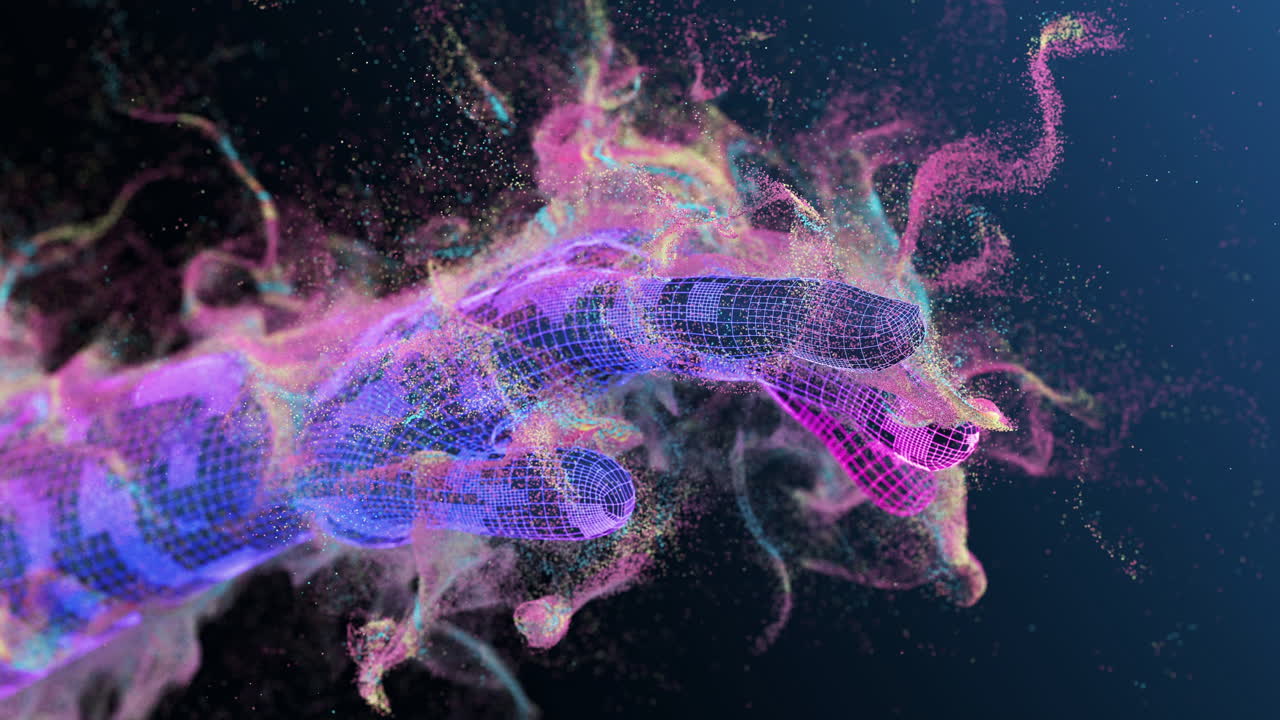 빛나는 입자와 디지털 손, 3d 렌더링