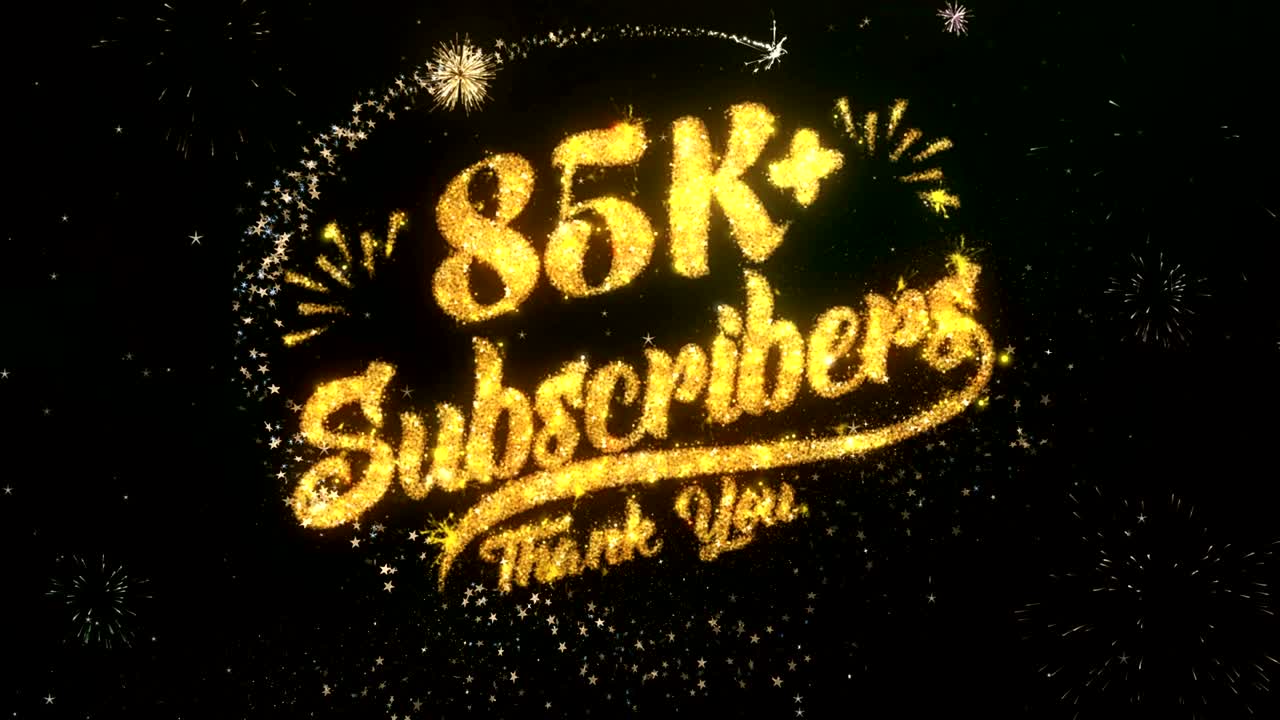 85k 가입자 인사 및 소원 카드는 반이는 입자 및 반이는 빛의 어두운 밤 하늘과 다채로운 불꽃놀이 4k 배경으로 만들어졌습니다.