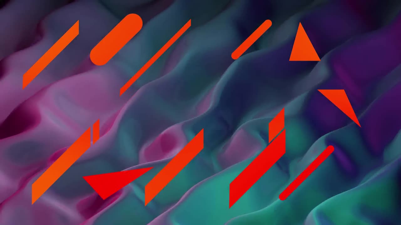 animación de formas naranjas flotando sobre un fondo líquido azul y púrpura