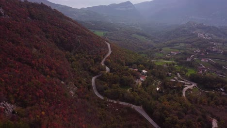 Aerial-forward-view-of-a-suggestive-curved-road-in-a-red-vegetation