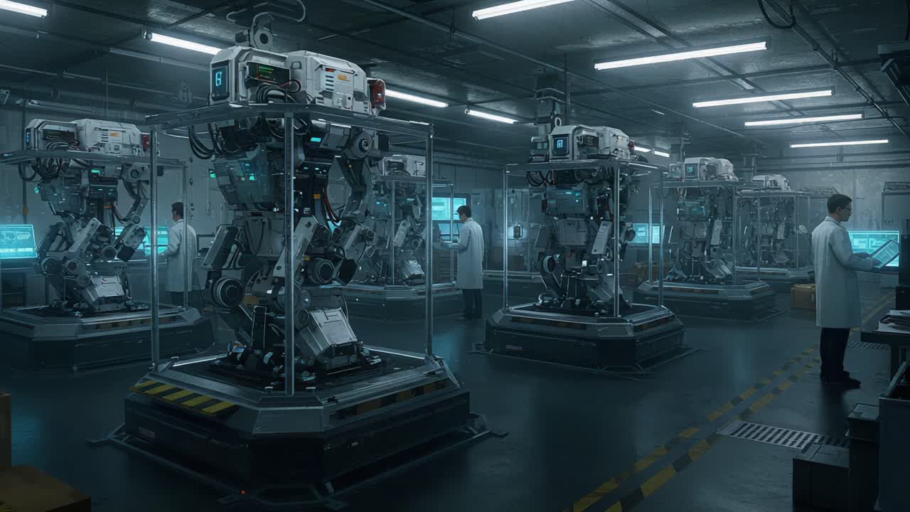 In a futuristic laboratory, scientists interact with advanced robots ...