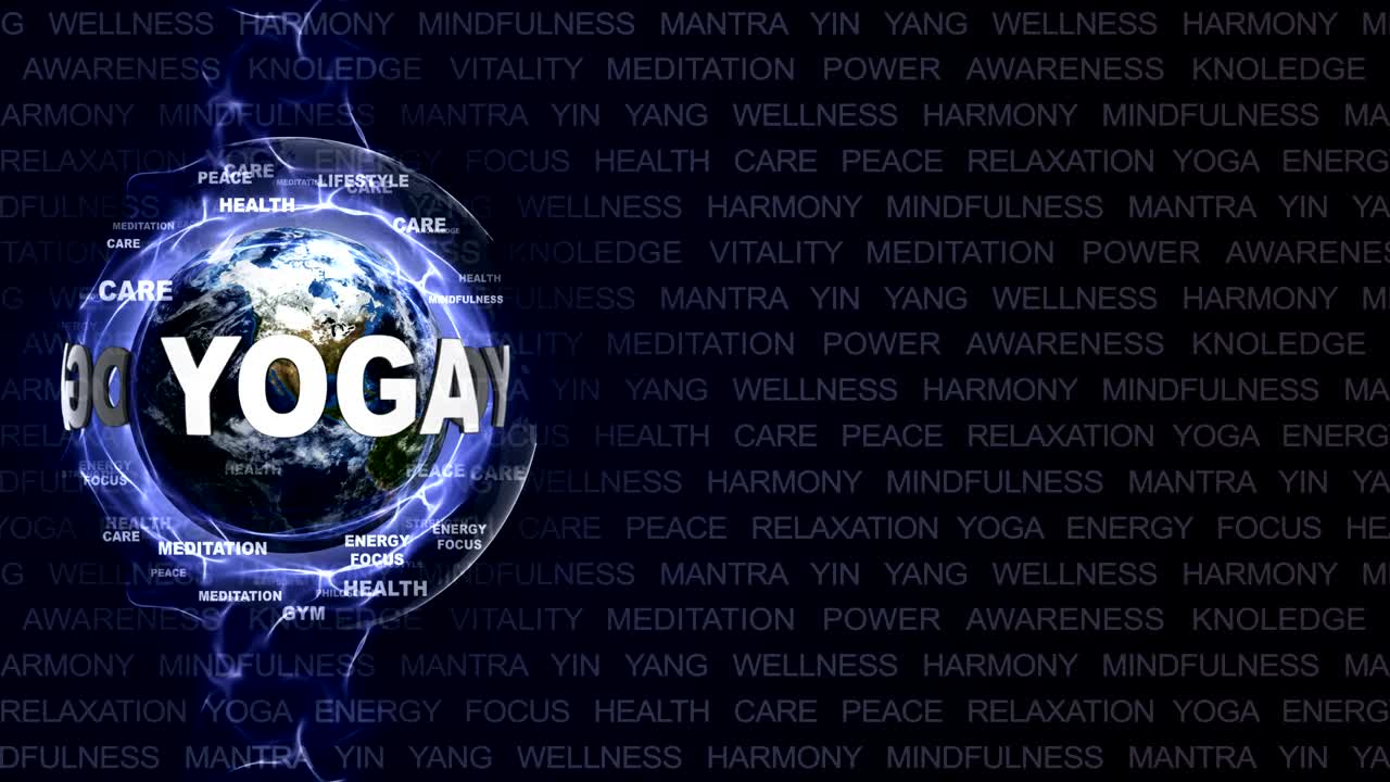 요가 텍스트 애니메이션과 지구, 키워드, 렌더링, 배경, 루프