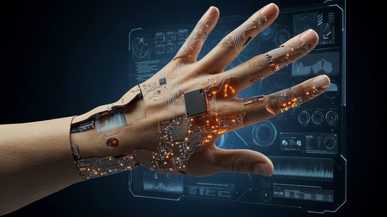Exploring the fusion of technology and biology in advanced prosthetics showcasing a robotic hand with intricate circuits and sensors