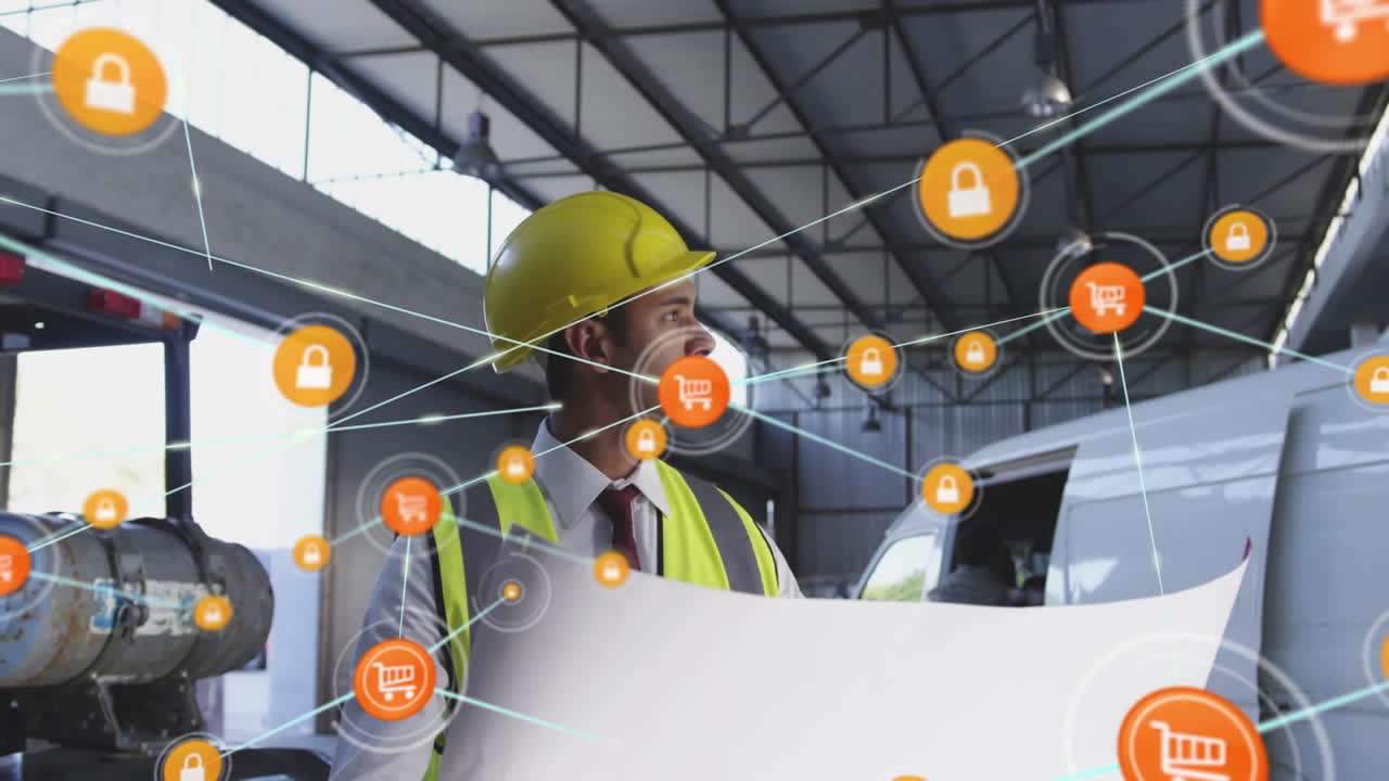 planes de explotación, trabajador de la construcción con red de carrito de compras y iconos de bloqueo animación