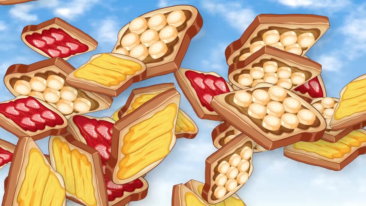 Fette animate di pane tostato che cadono contro un cielo blu