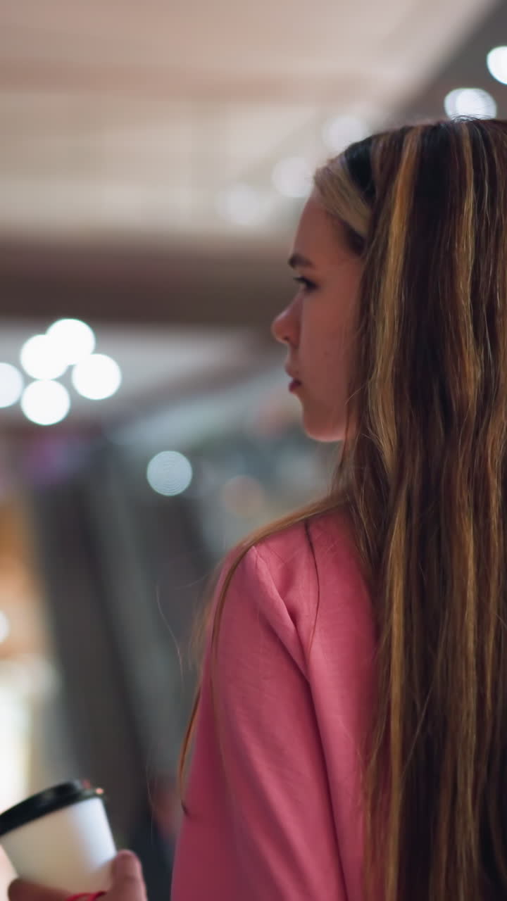 Back view of woman in pink dress holding coffee cup while walking through brightly lit mall, the blurred background features stores and mall lights with bokeh effect and unclear items