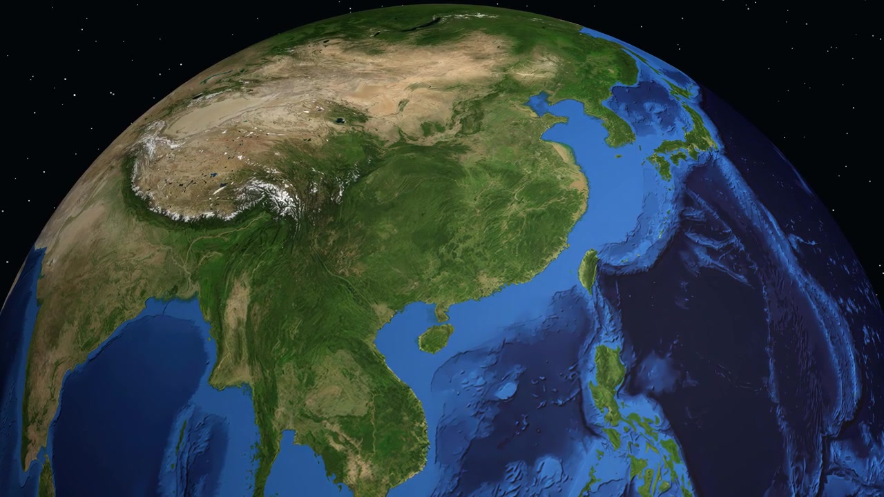 Un'animazione digitale effettua uno zoom dallo spazio profondo verso la Terra, individuando Guilin, Cina con testo