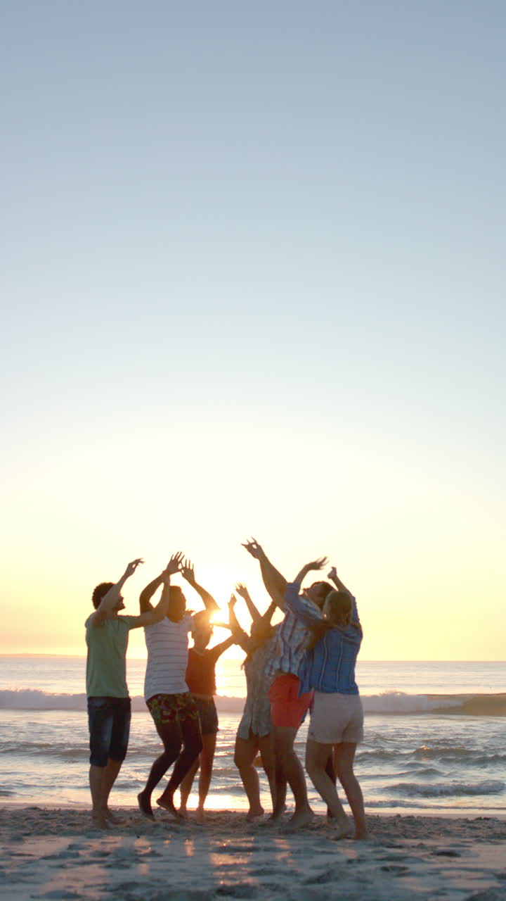 Vertical video: Group of friends enjoying sunset, raising hands and celebrating on beach