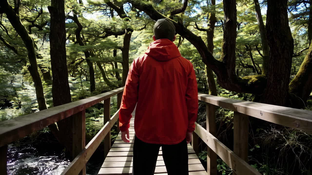 Man Walking on a Wooden Bridge Through a Lush Forest