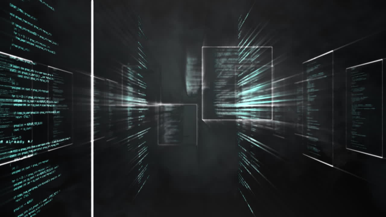 Digital animation of data processing and multiple square shapes against black background