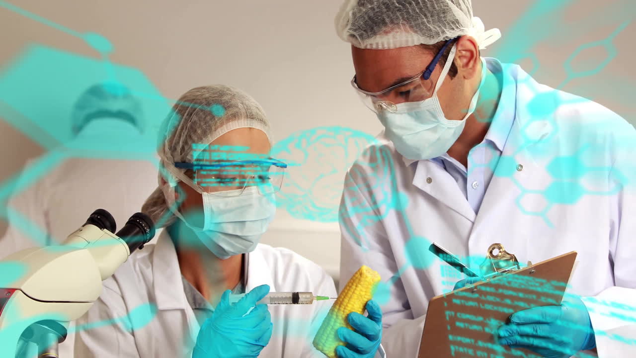 two scientists injecting corn cob and recording biotech data in lab, with molecular overlays