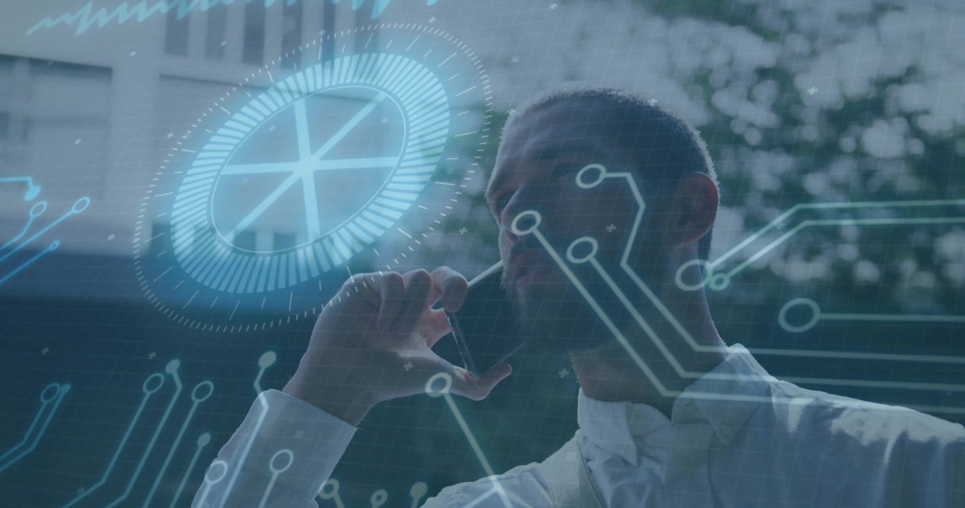 Man making business call outside office, summoning rotating holographic circuit hub with data lines