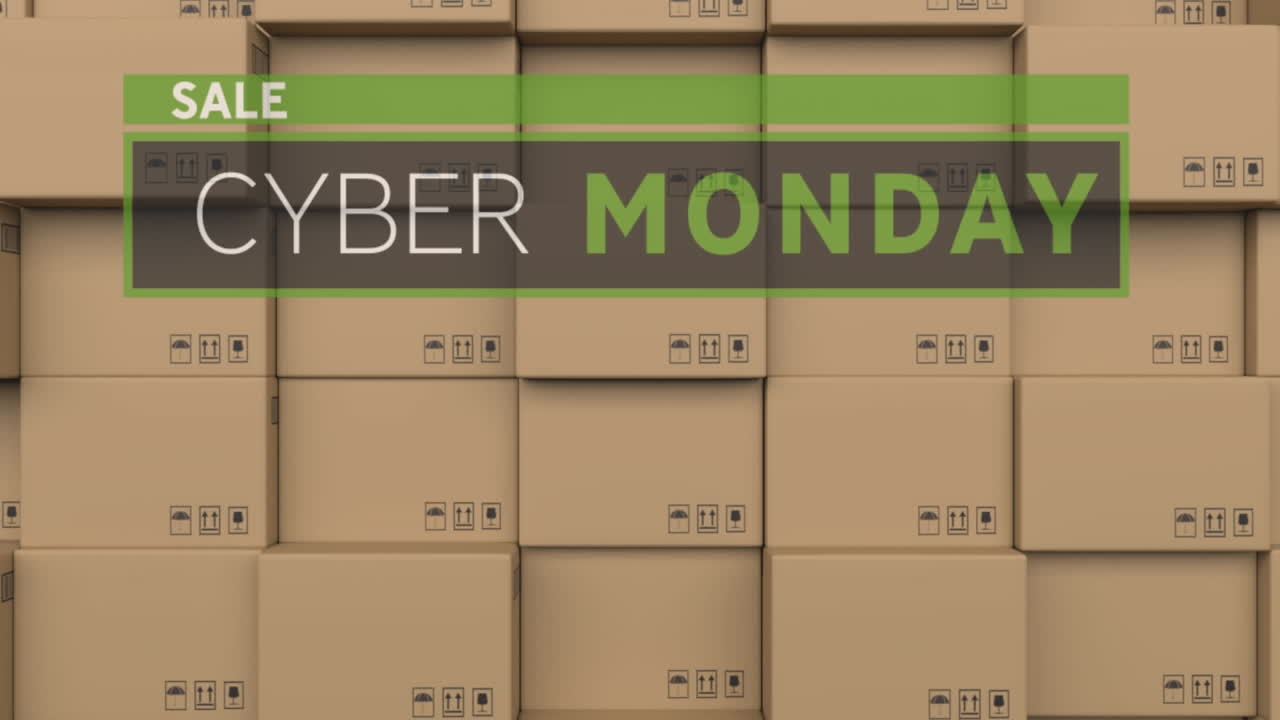 Animation of cyber monday sale text over cardboard boxes