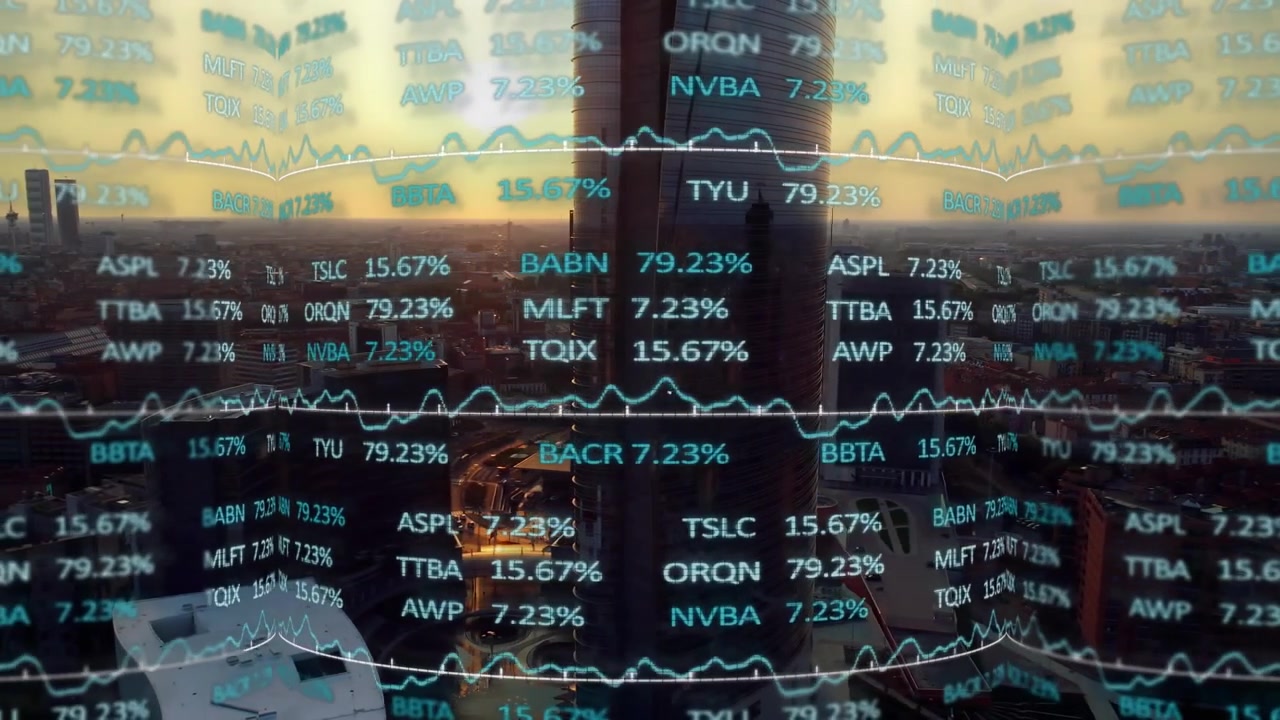 Animation of trading board over aerial view of modern city in background
