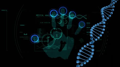 Animation-Des-Spinnens-Von-DNA-Strängen-Und-Der-Datenverarbeitung-über-Biometrischen-Handabdruck