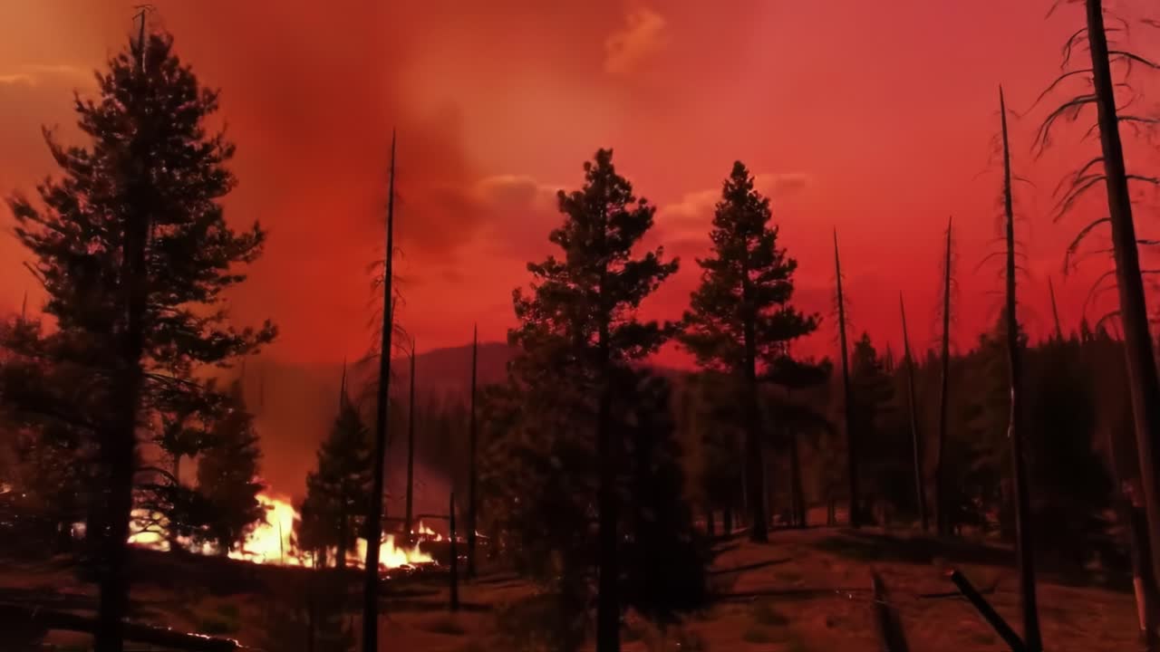 Dramatic Wildfire Unfolds in a Forested Landscape, Bathed in Fiery Orange and Red Hues, Capturing the Dangers and Beauty of Nature's Elements in a Deteriorating Environment