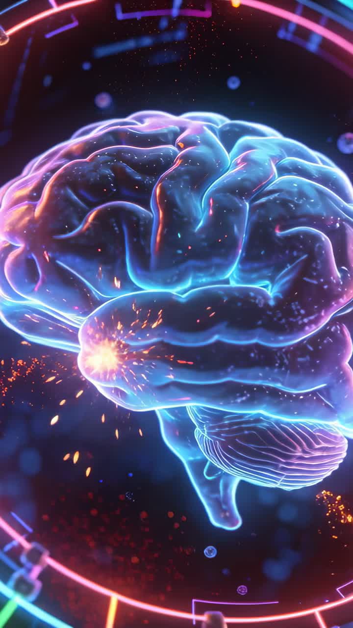 Vertical video: Rotating holographic brain pulsing inside neon HUD, ember spark activating fold