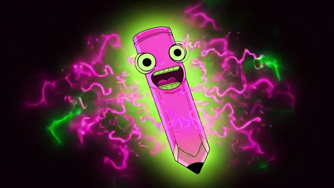 A high-energy pink pencil character bursts with excitement and vibrant electricity, showcasing a playful and animated expression against a glowing green background, perfect for engaging audiences with its whimsical personality