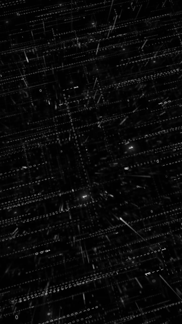 Black white digital data matrix scattered code rows glowing bits and deep abstract technology motion