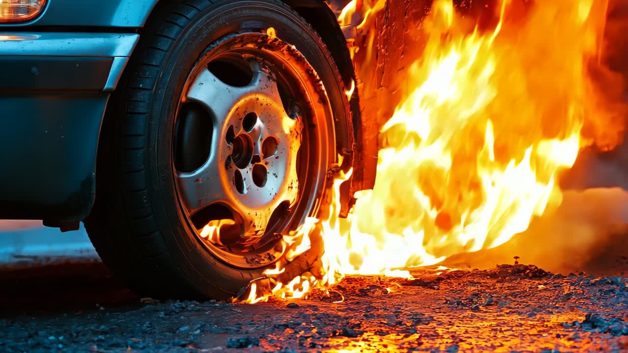 un coche en llamas al lado de la carretera
