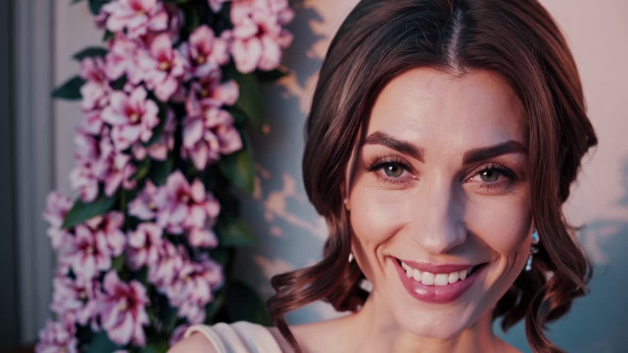 Video ravvicinato di una donna sorridente con illuminazione soffusa, incorniciata da vivaci fiori rosa