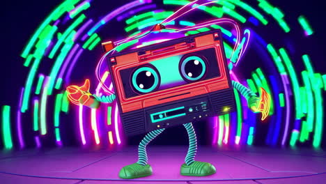dancing retro cassette tape character in neon light show