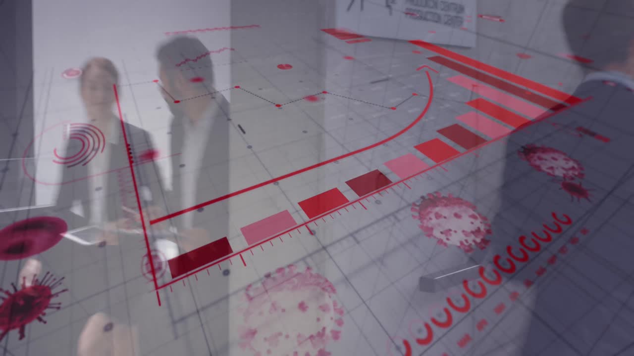 animación de la caída de las células de covid-19 sobre el procesamiento de datos en gráficos y hombres de negocios que caminan