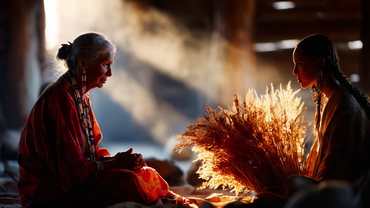 A Beautiful and Heartwarming Moment of Connection Between Generations, an Elderly Woman and a Young Girl Share Wisdom in a Warmly Lit Room with Golden Sunlight Filtering Through