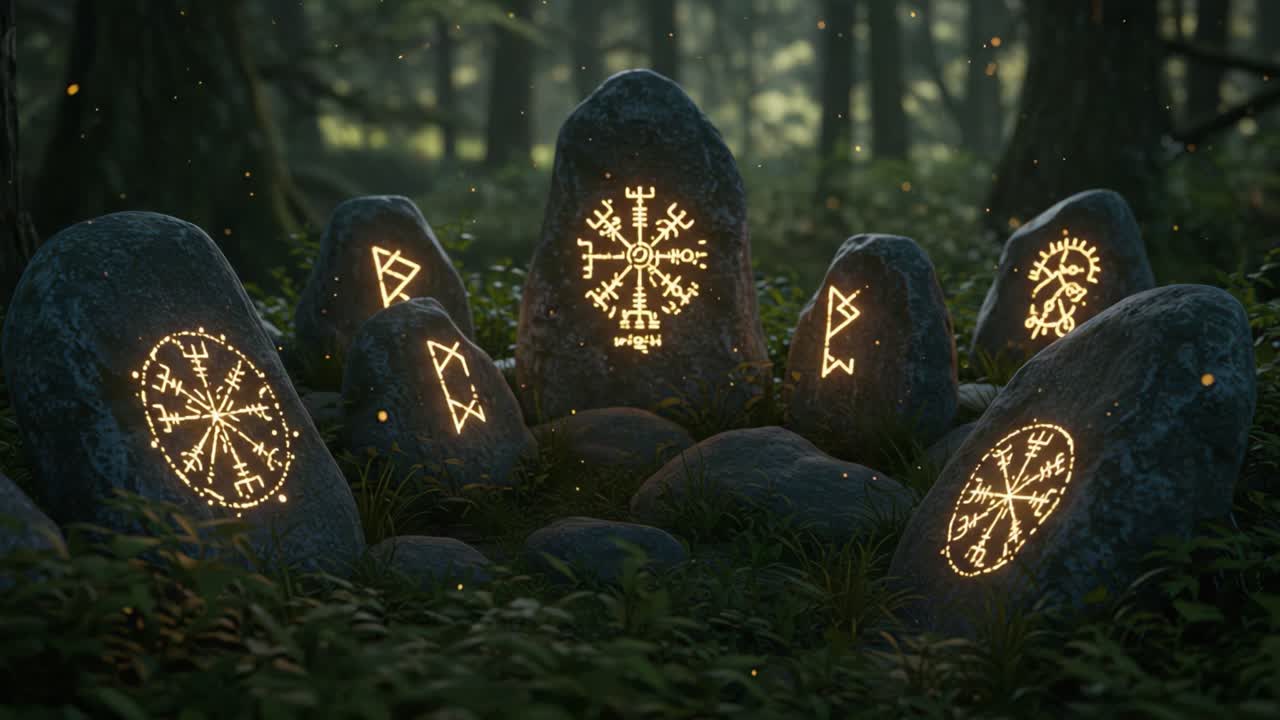 Mysterious Runestones Illuminated in a Forest Setting, Each Stone Engraved with Unique Ancient Symbols Reflecting Historical Mystique and Spiritual Significance