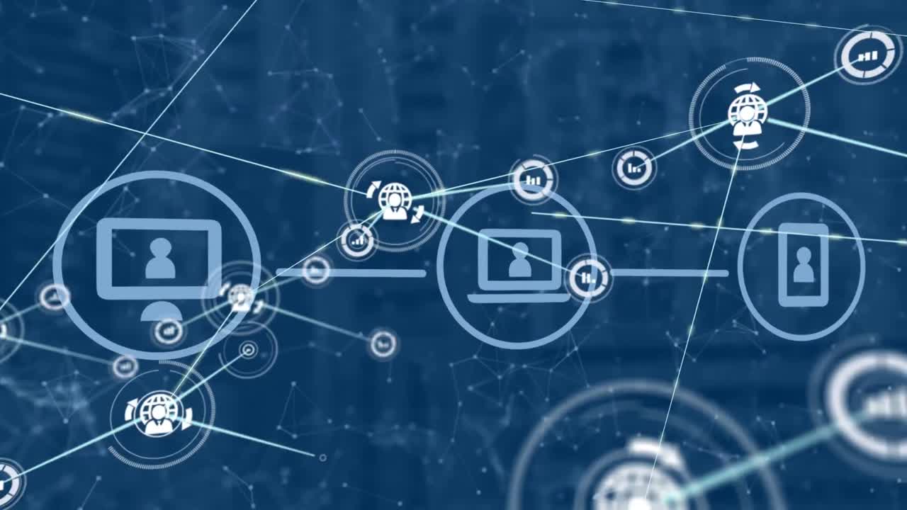 animación de la red de conexiones con iconos sobre el paisaje urbano