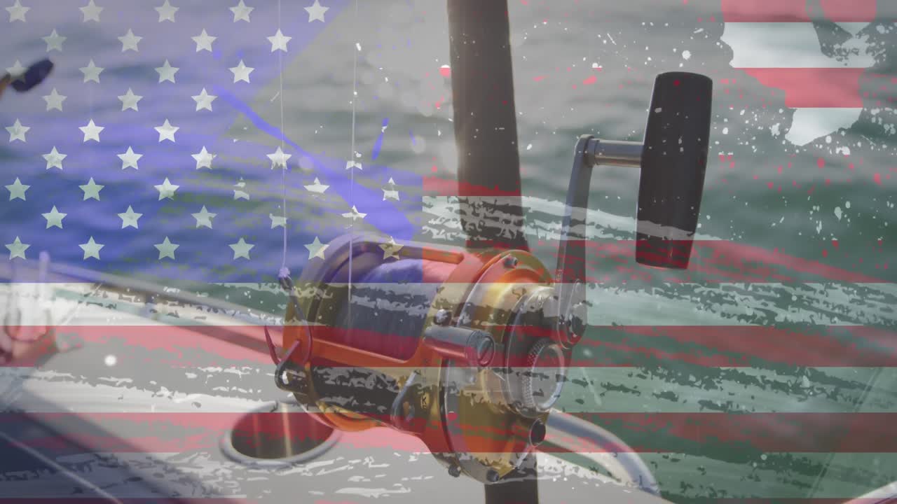 American flag grunge design effect against close up of fishing rod on a boat