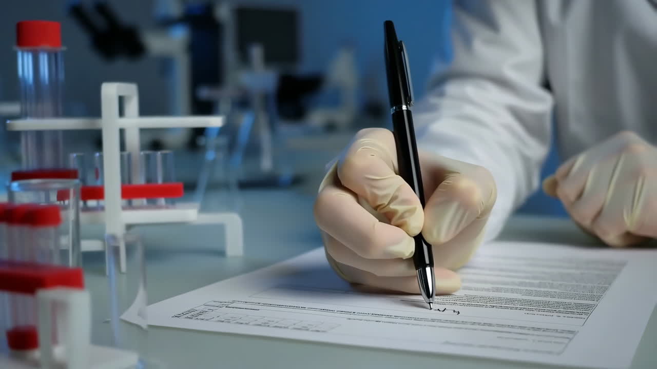 Scientist in lab gloves writing on a document in a laboratory