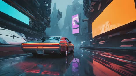 retro car in a futuristic cityscape