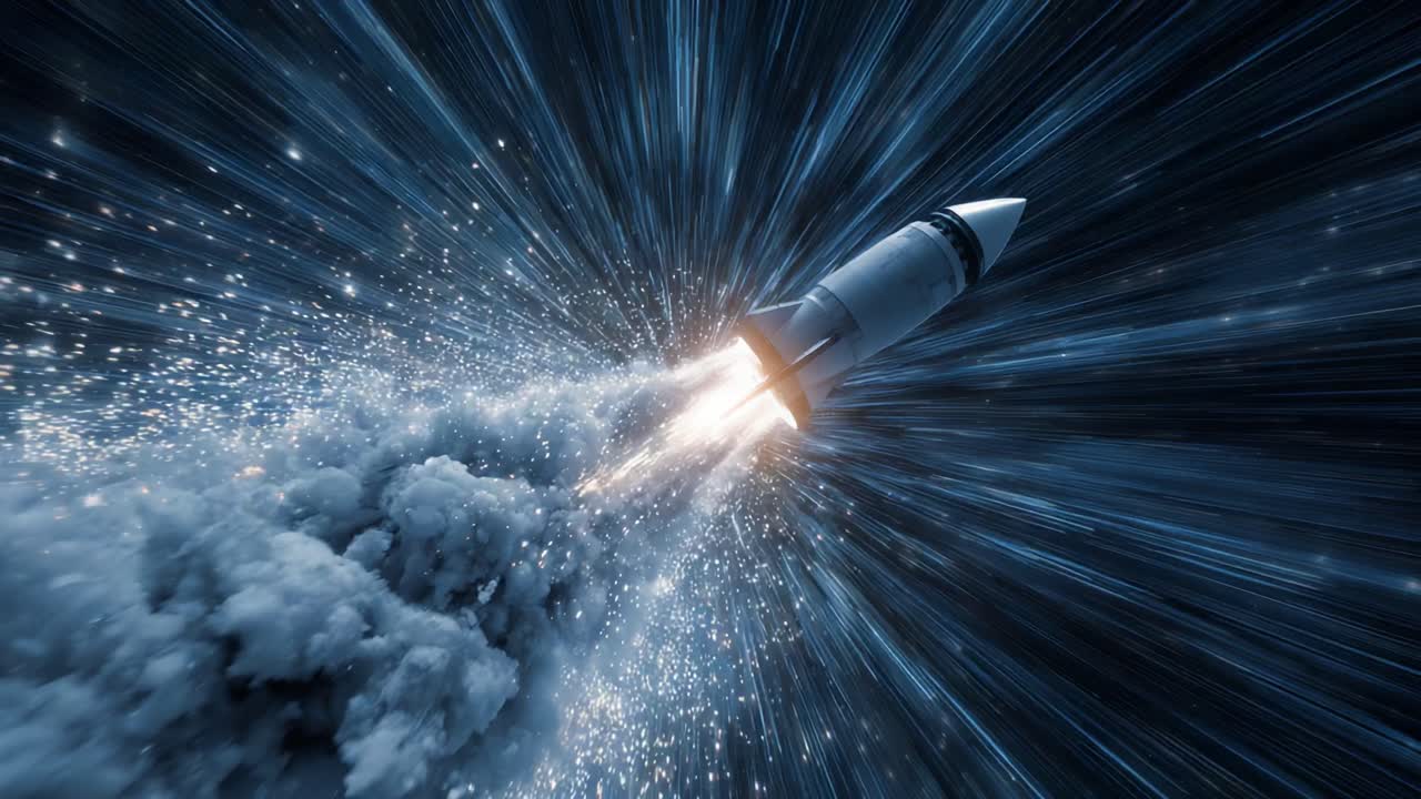 Rocket spaceship flying at the speed of light through a wormhole in deep space with smoke and sparks. Animated concept of interstellar travel, science fiction, and space exploration