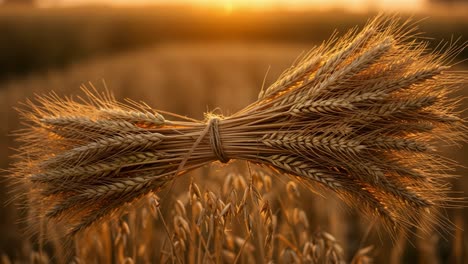 golden stalks of wheat bundled together against a fiery sunset, highlighting the bounty of the harvest and the beauty of agriculture in a vast field
