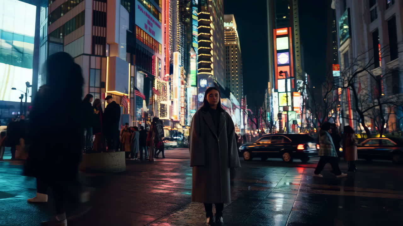 A young woman stands in a vibrant, neon-lit city street at night, surrounded by people and tall buildings