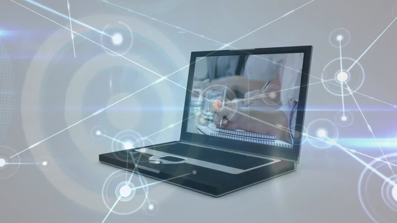 Animation of network of digital icons and light trails against business data processing on laptop