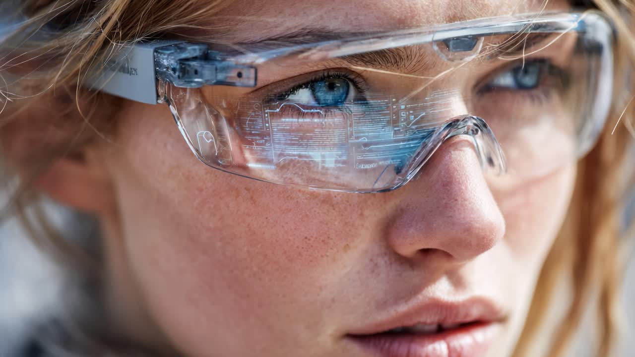 A close-up view of a person wearing futuristic augmented reality glasses that display digital information, showcasing advanced technology and innovative design